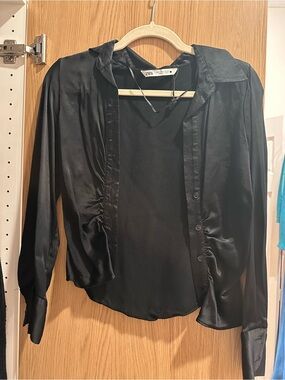 ZARA Black Satin Ruched Button-Down Blouse